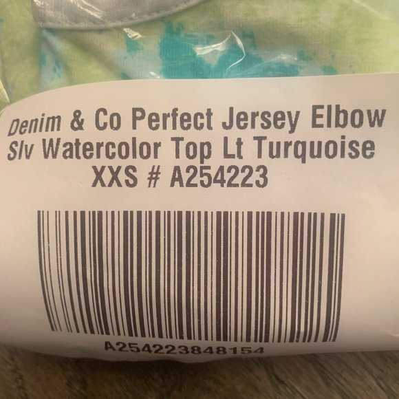 NWT DENIM & CO. PERFECT JERSEY ELBOW SLEEVE WATERCOLOR TOP LIGHT TURQUOISE XXS - Picture 7 of 8
